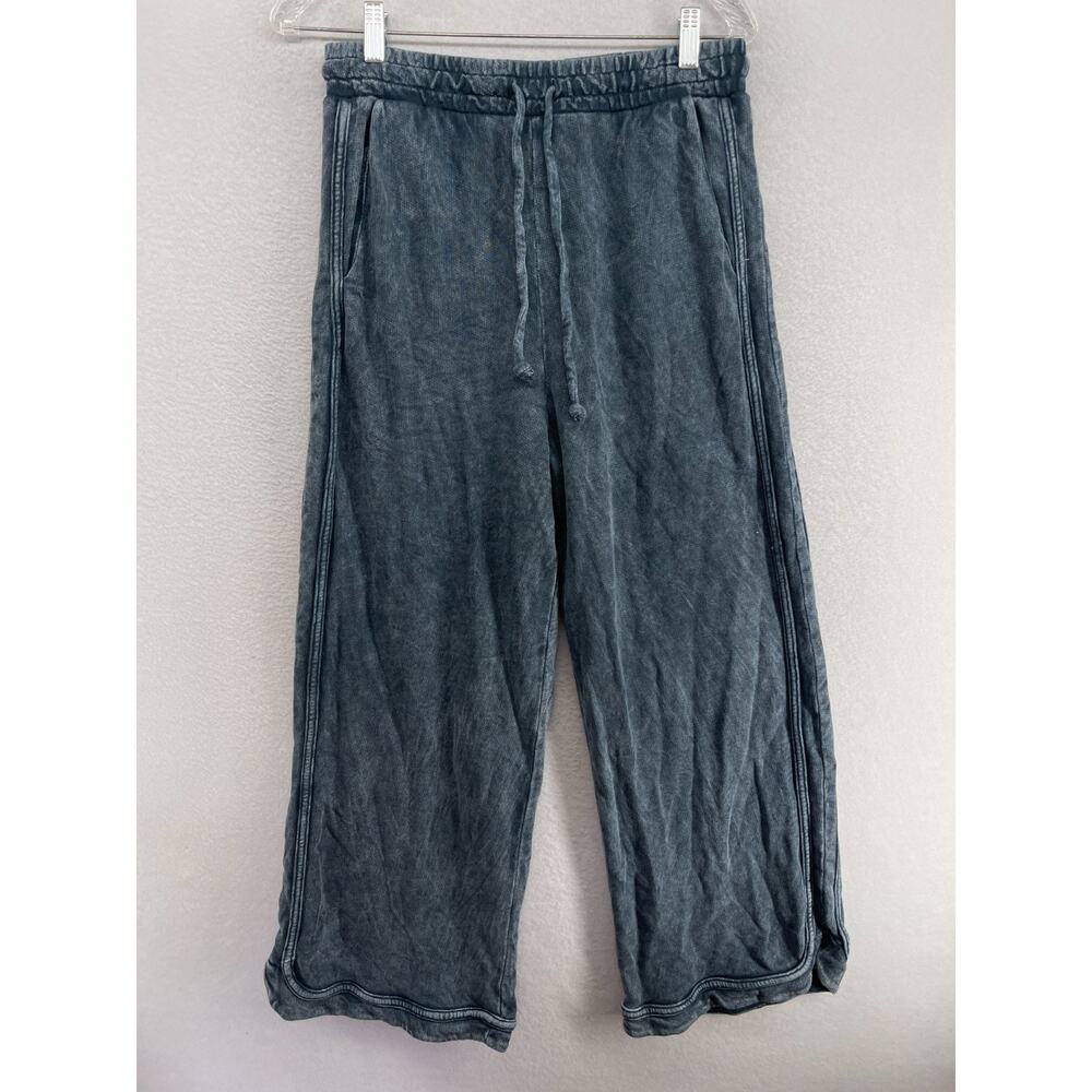 THREE BIRD NEST Pants S So Comfy Wide Leg Cropped French Terry Cotton Blue
